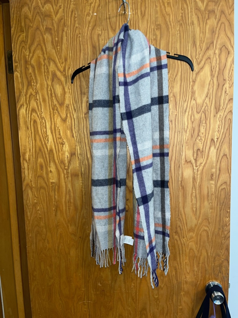 Coach Gray Plaid Fringe Scarf with Navy & Orange Accents